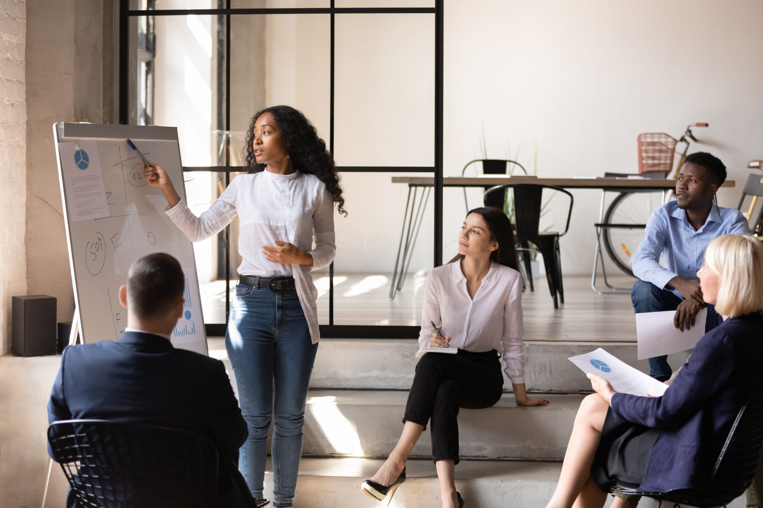 A businesswoman points to a white board, leading a group of four other people in a brainstorming discussion.
